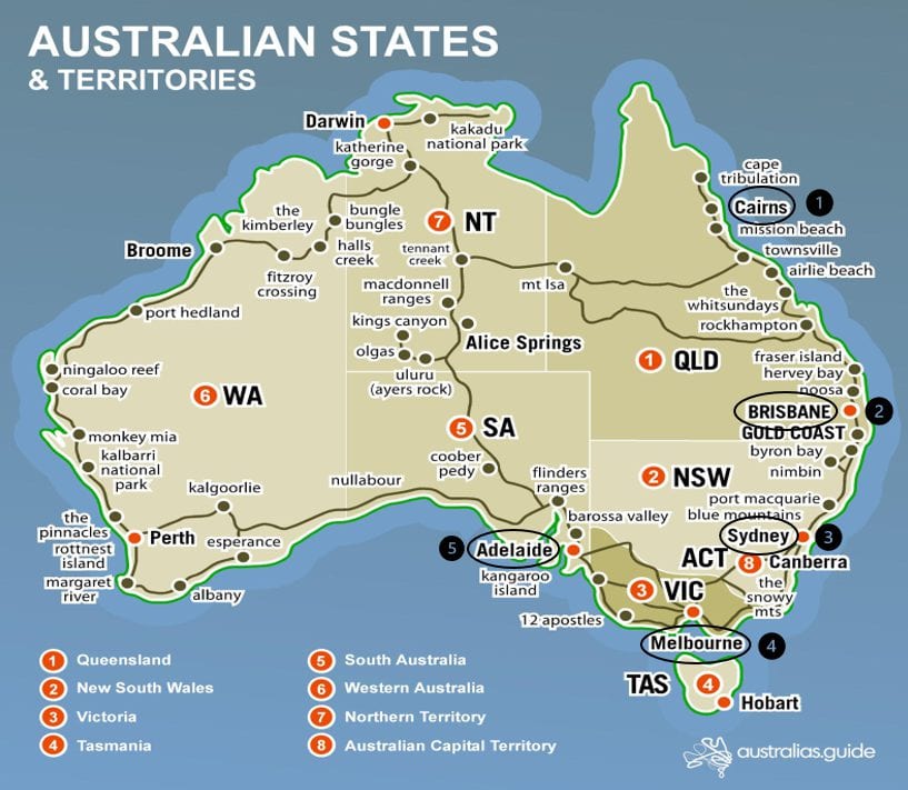 אוסטרליה מפה לפי סטייטים Australia Map